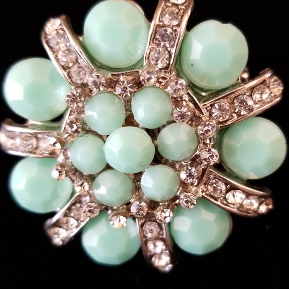Vintage Aqua Bead and Clear Rhinestone Stretch Ring OS - Picture 10 of 10